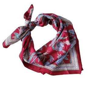 Vintage Tie Rack Scarf Bright Floral Batik Inspired Print on Dark Red Base